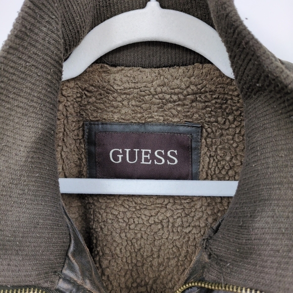 Guess Faux Leather Men's Medium Bomber Jacket Sherpa Lined Field Cargo Military‎ - Picture 5 of 14